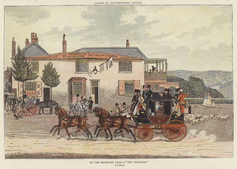 På Highgate Road - "The Woodman" (farve litho) af James (after) Pollard