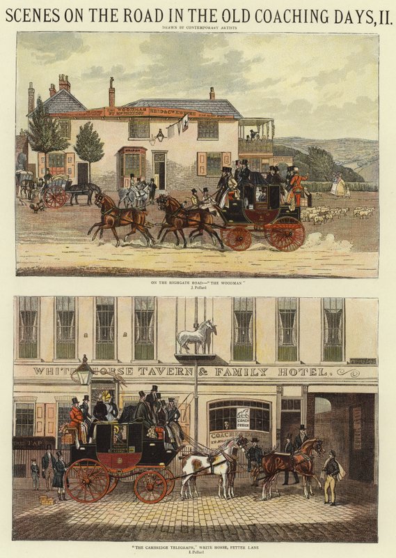 Scener på vejen i de gamle trænerdage, II (farve litho) af James (after) Pollard