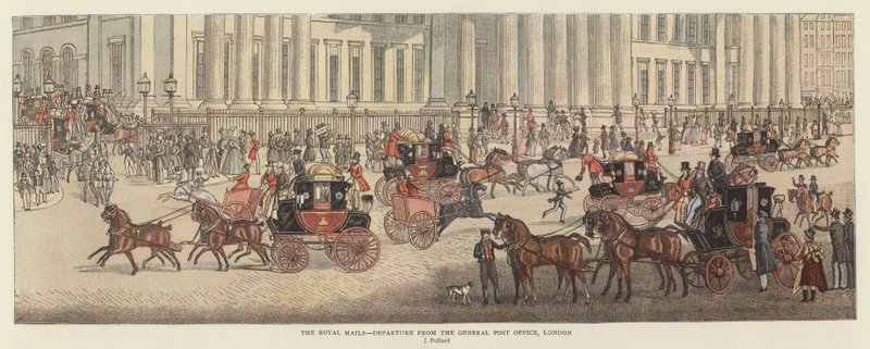 The Royal Mails - Afgang fra General Post Office, London (farve litho) af James (after) Pollard