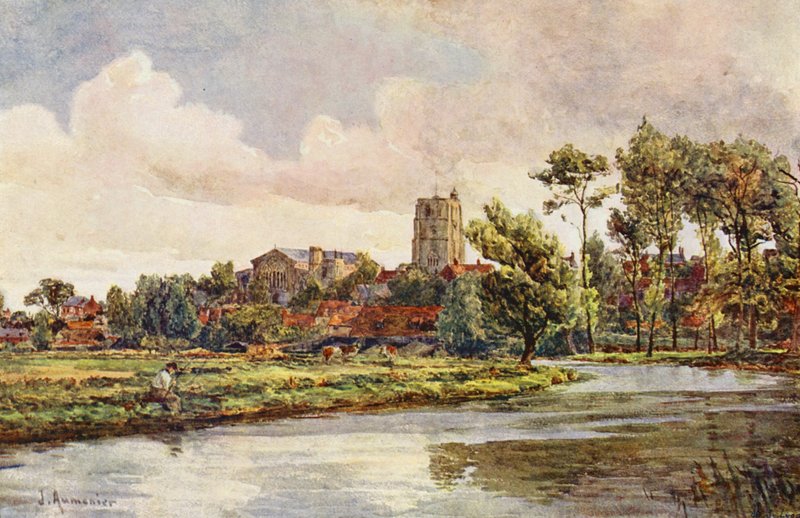 Waveney ved Beccles med kirken St Michael (farvelitografi) af James Aumonier