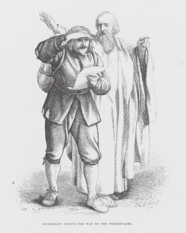 Evangelist viser vej til Wicket-Gate (kobberstik) af James Dawson Watson