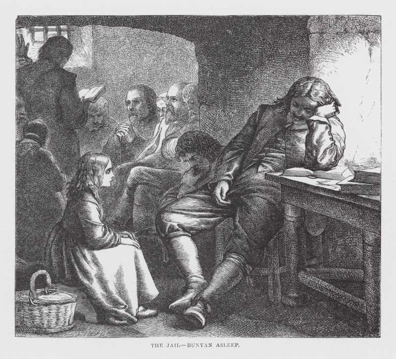 Fængslet, Bunyan sover (kobberstik) af James Dawson Watson