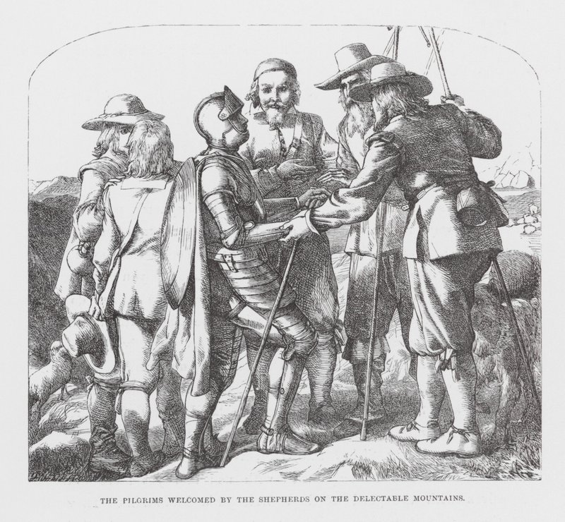 Pilgrimmene bydes velkommen af hyrderne på de dejlige bjerge (kobberstik) af James Dawson Watson