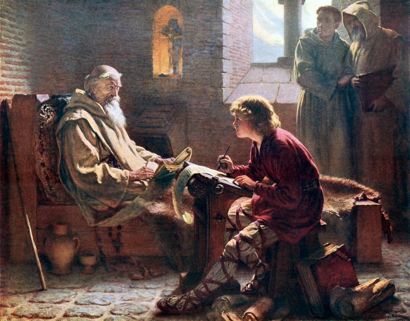 Den ærværdige Beda oversætter det sidste kapitel af Johannes. Illustrationen fra An Outline of Christianity redigeret af A S Peake et al (Waverley, c 1910.) af James Doyle Penrose