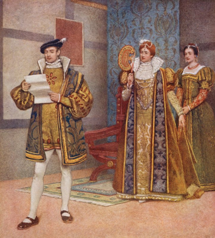 Shakespeares Købmanden i Venedig: Bassanio, Portia og Nerissa (farvelitografi) af James Dromgole Linton