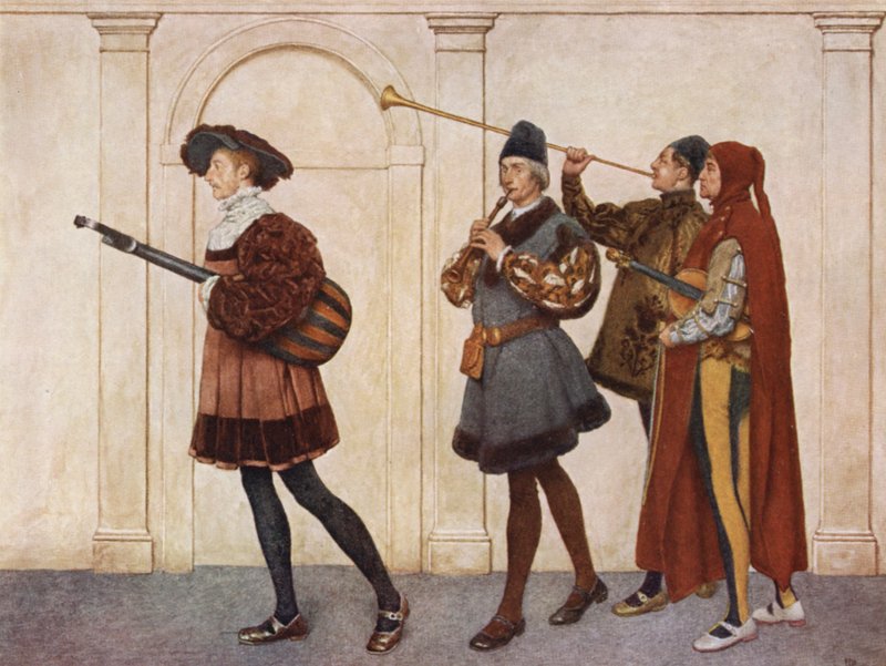 Shakespeares Købmanden i Venedig: Enter Musicians (farvelitografi) af James Dromgole Linton