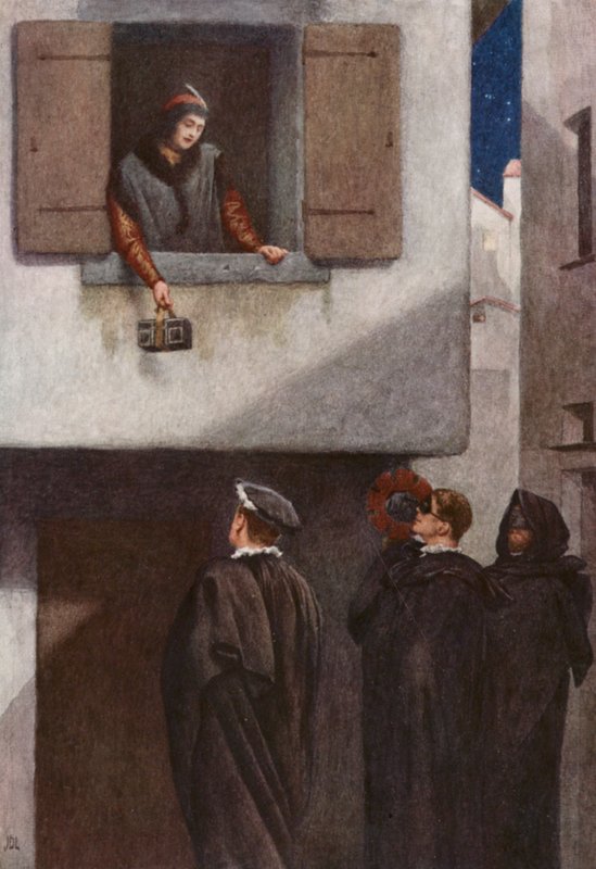 Shakespeares Købmanden i Venedig: Jessica, Lorenzo, Gratiano og Salarino (farvelitografi) af James Dromgole Linton