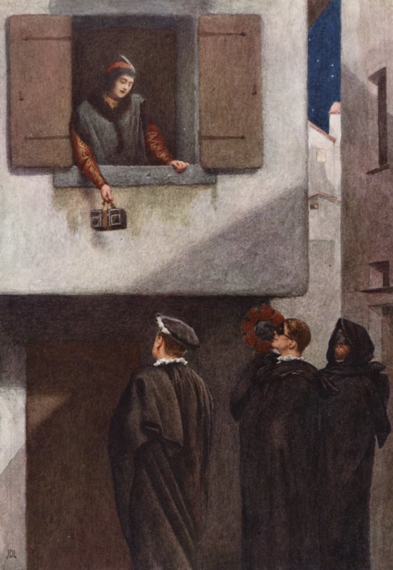 Shakespeares Købmanden i Venedig: Jessica, Lorenzo, Gratiano og Salarino (farvelitografi) af James Dromgole Linton