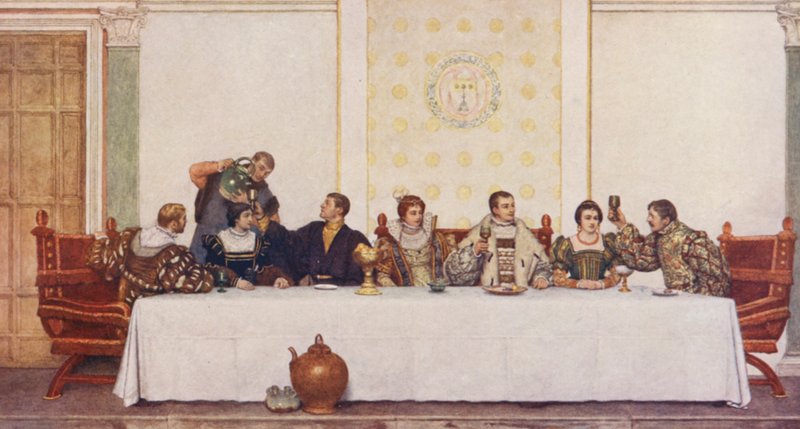 Shakespeares Købmanden i Venedig: Lorenzo, Jessica, Antonio, Portia, Bassanio, Nerissa og Gratiano (farvelitografi) af James Dromgole Linton