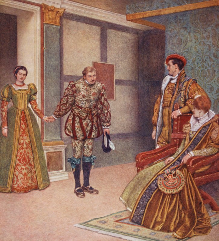 Shakespeares Købmanden i Venedig: Portia, Bassanio, Gratiano og Nerissa (farvelitografi) af James Dromgole Linton