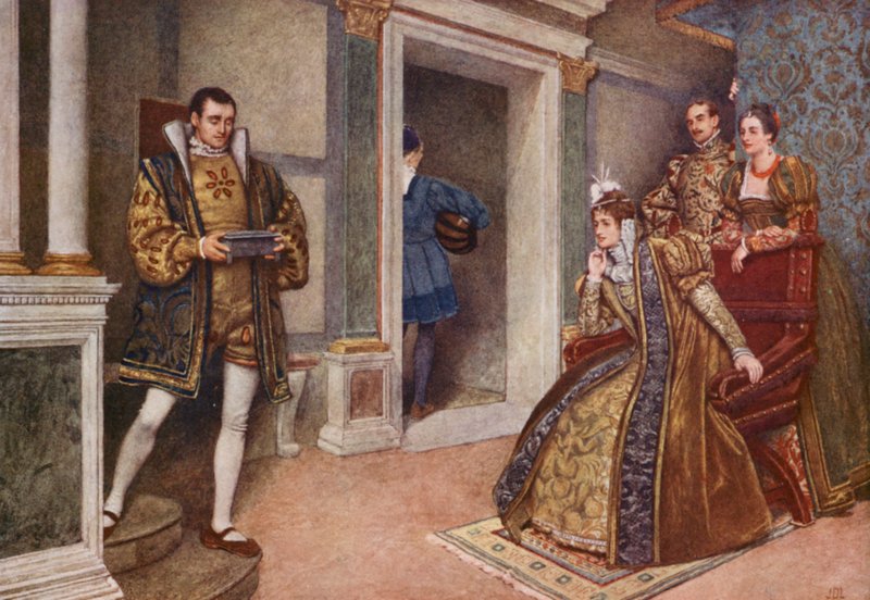 Shakespeares Købmanden i Venedig: Portia, Bassanio, Nerissa og Gratiano (farvelitografi) af James Dromgole Linton