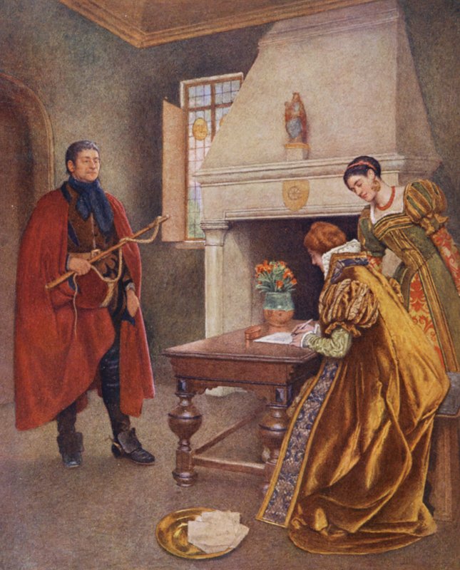 Shakespeares Købmanden i Venedig: Portia, Nerissa og Balthazar (farvelitografi) af James Dromgole Linton