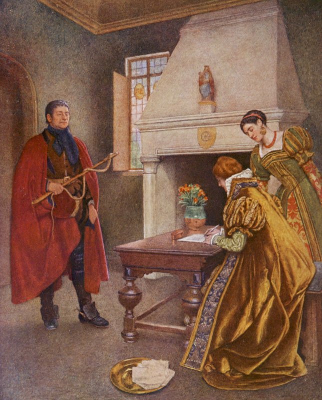 Shakespeares Købmanden i Venedig: Portia, Nerissa og Balthazar (farvelitografi) af James Dromgole Linton