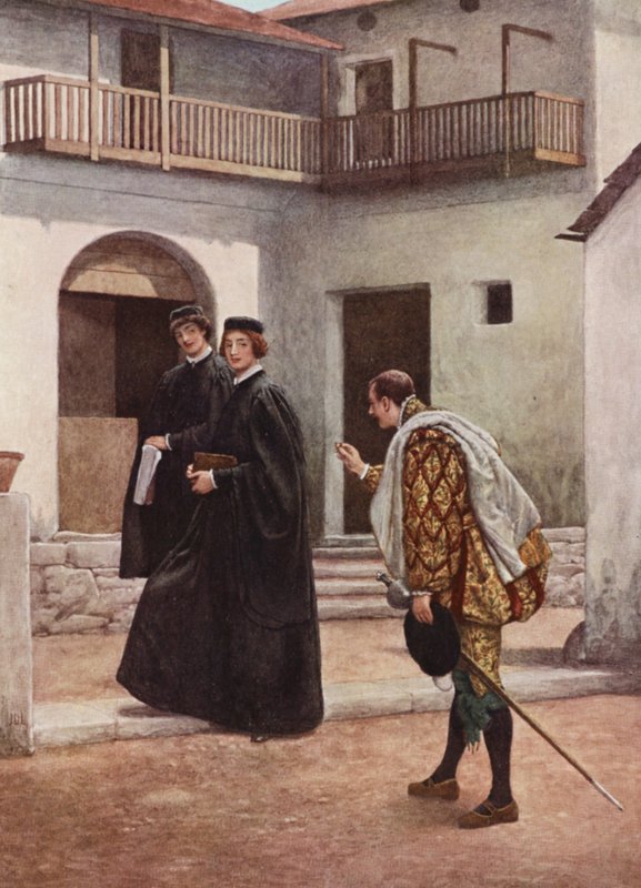 Shakespeares Købmanden i Venedig: Portia, Nerissa og Gratiano (farvelitografi) af James Dromgole Linton