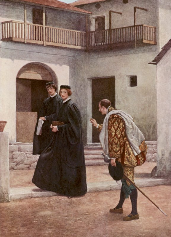 Shakespeares Købmanden i Venedig: Portia, Nerissa og Gratiano (farvelitografi) af James Dromgole Linton