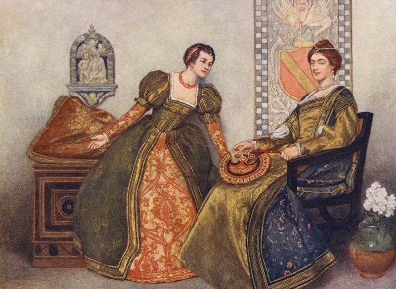 Shakespeares Købmanden i Venedig: Portia og Nerissa (farvelitografi) af James Dromgole Linton