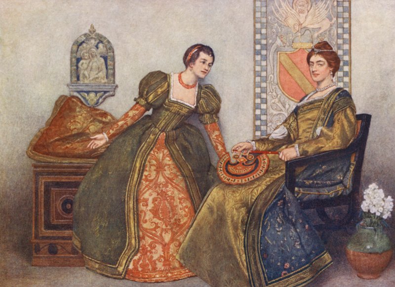 Shakespeares Købmanden i Venedig: Portia og Nerissa (farvelitografi) af James Dromgole Linton