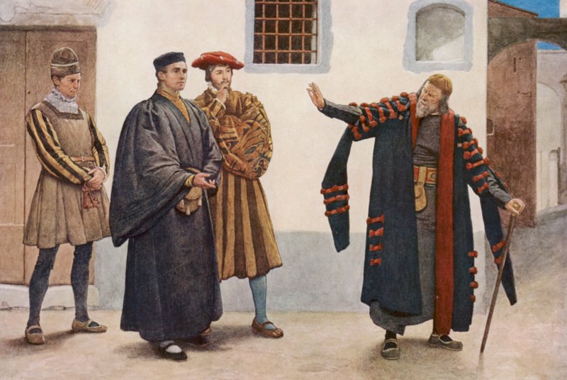 Shakespeares Købmanden i Venedig: Shylock, Antonio, Salarino og Gaoler (farvelitografi) af James Dromgole Linton