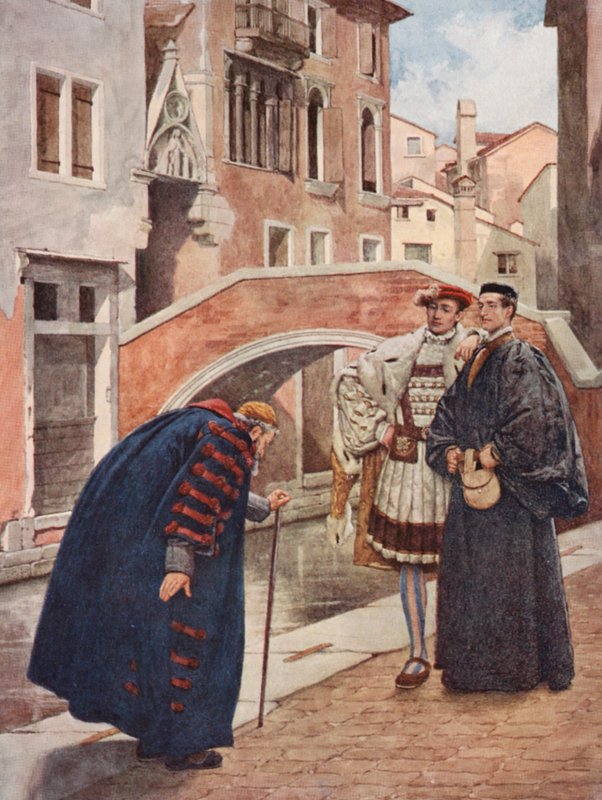 Shakespeares Købmanden i Venedig: Shylock, Bassanio og Antonio (farvelitografi) af James Dromgole Linton