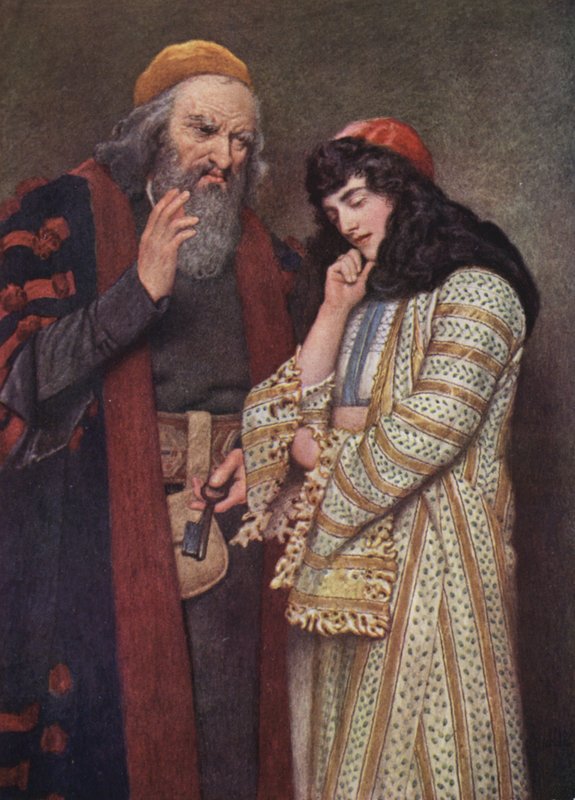 Shakespeares Købmanden i Venedig: Shylock og Jessica (farvelitografi) af James Dromgole Linton