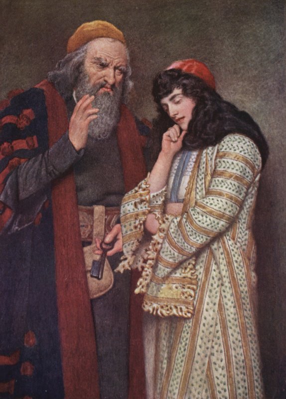 Shakespeares Købmanden i Venedig: Shylock og Jessica (farvelitografi) af James Dromgole Linton
