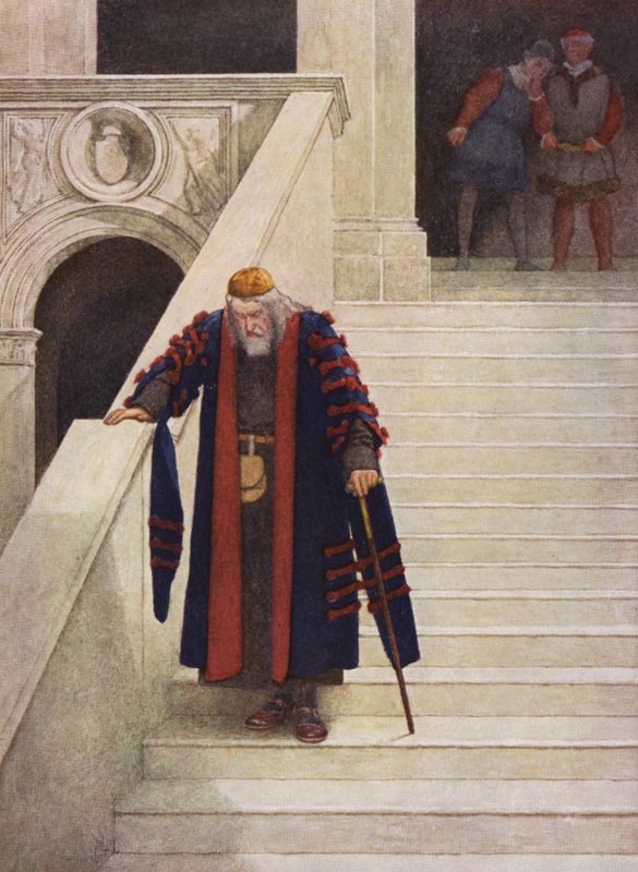 Shakespeares Købmanden i Venedig: Shylock forlader hertugpaladset (farvelitografi) af James Dromgole Linton
