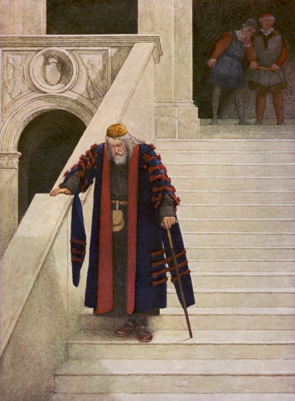 Shakespeares Købmanden i Venedig: Shylock forlader hertugpaladset (farvelitografi) af James Dromgole Linton