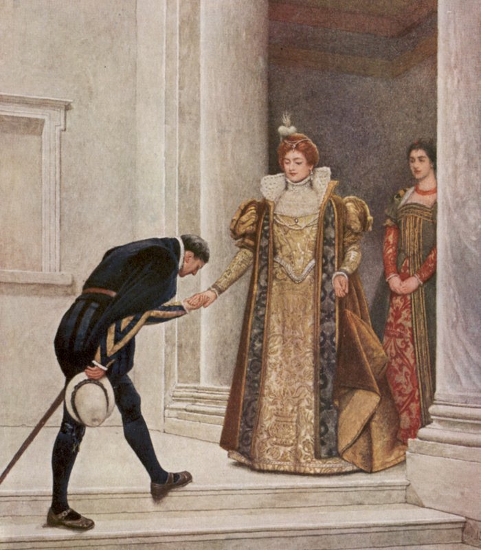 Shakespeares Købmanden i Venedig: Prinsen af Arragon, Portia og Nerissa (farvelitografi) af James Dromgole Linton