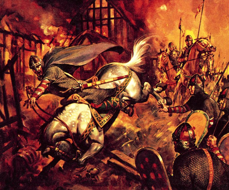 Berømte heste i fakta og fiktion: The Death of William the Conqueror (farvelitografi) af James Edwin McConnell