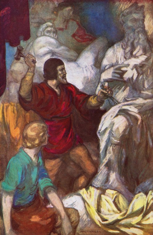 Michelangelo skærer Moses ud af klippen (farvelitografi) af James Edwin McConnell