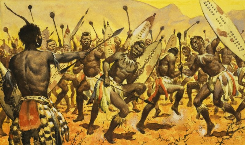 Zulu-krigere tvinges af Shaka til at danse på tornet jord af James Edwin McConnell