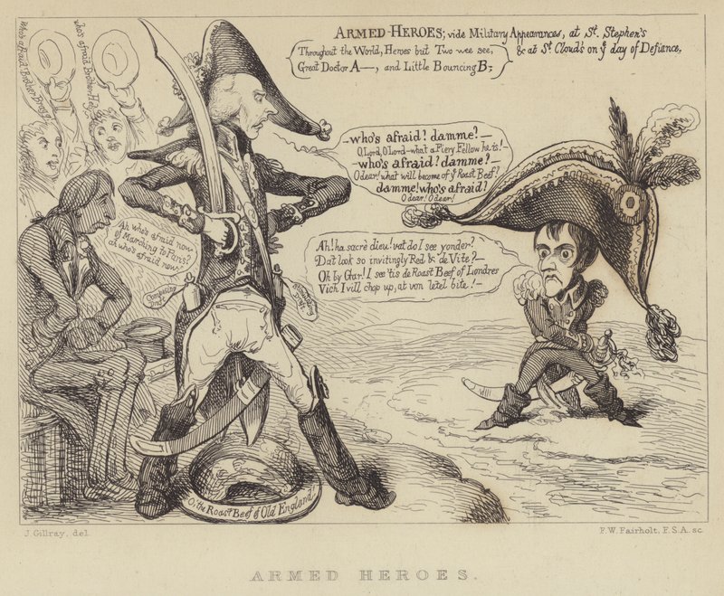 Væbnede helte: Den britiske premierminister Henry Addington konfronterer Napoleon og truslen om en fransk invasion, 1803 af James Gillray