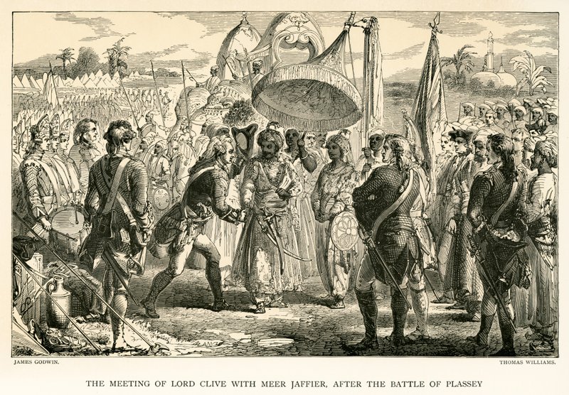 Lord Clives møde med Meer Jaffier efter slaget ved Plassey (gravering) af James Godwin