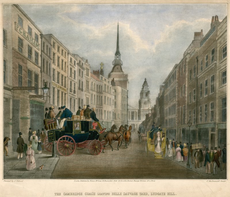 Cambridge Coach forlader Belle Sauvage Yard, Ludgate Hill, London af James Pollard
