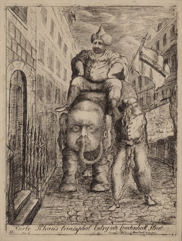 Carlo Khans Triumphal Entry into Leadenhall Street: satire over whig-politikeren Charles James Fox og hans ambitioner vedrørende Indien af James Sayers