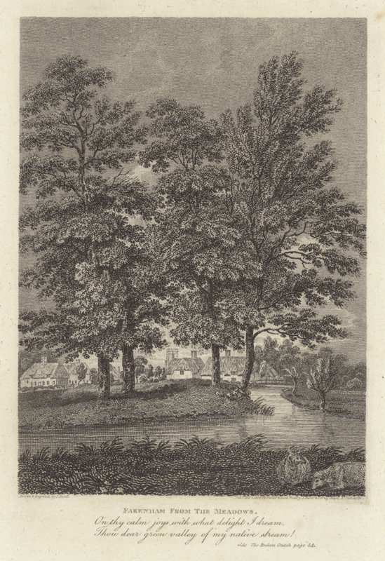 Robert Bloomfield, digter: Fakenham from the Meadows (gravering) af James Storer