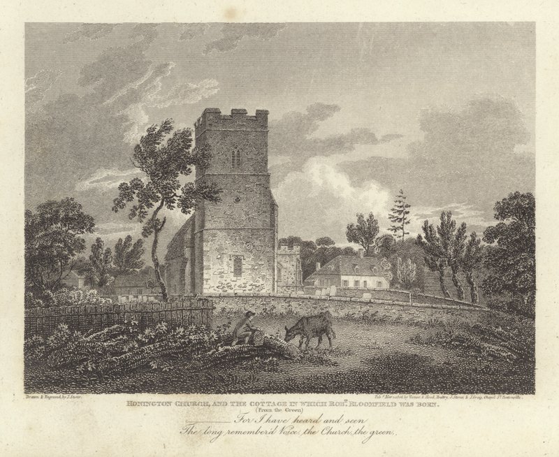 Robert Bloomfield, digter: Honington Church, and the Cottage, hvori Robert Bloomfield blev født (gravering) af James Storer