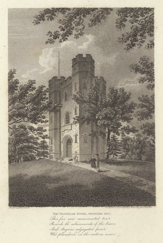 Robert Bloomfield, digter: The Triangular Tower, Shooters Hill (gravering) af James Storer
