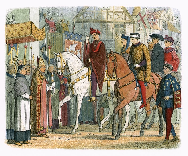 Kong Charles VI af Frankrig og Henry V hilst velkommen af præsteskabet af James William Edmund Doyle
