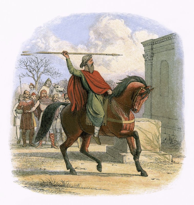 Ypperstepræsten Coifi vanhelligger idolernes tempel af James William Edmund Doyle