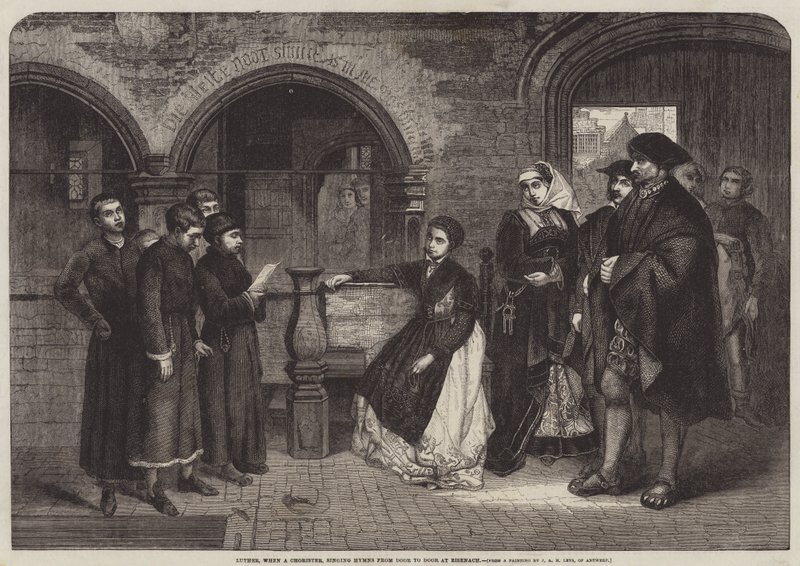Luther, da han var korist, synger salmer fra dør til dør i Eisenach af Jan August Hendrik Leys