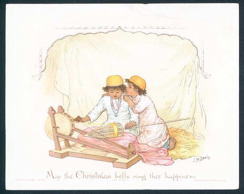 Victoriansk julekort med to unge drenge (chromolitho) af Jane M. Dealy