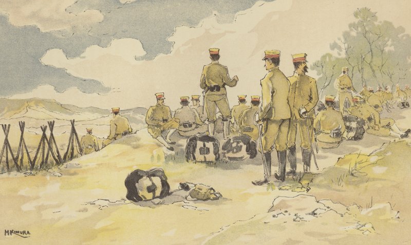 En bataljon af den kejserlige garde standser på vej til Liao-yang (chromolitho) af Japanese School