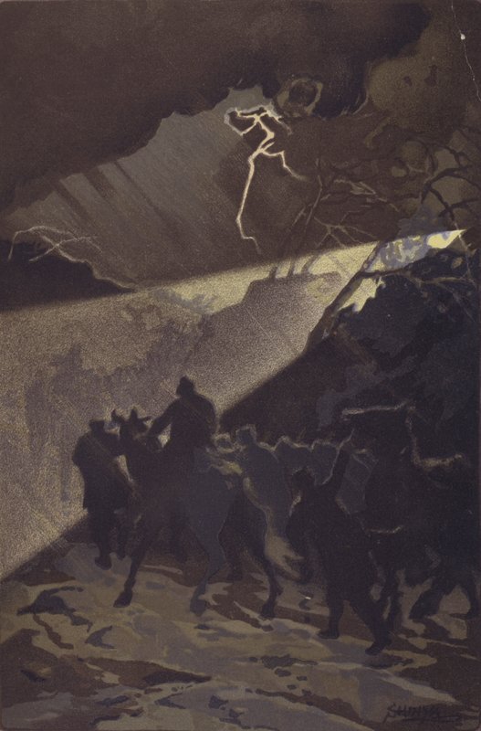 En march af de japanske tropper i en stormfuld nat før generalangrebet ved Nan-shan (chromolitho) af Japanese School