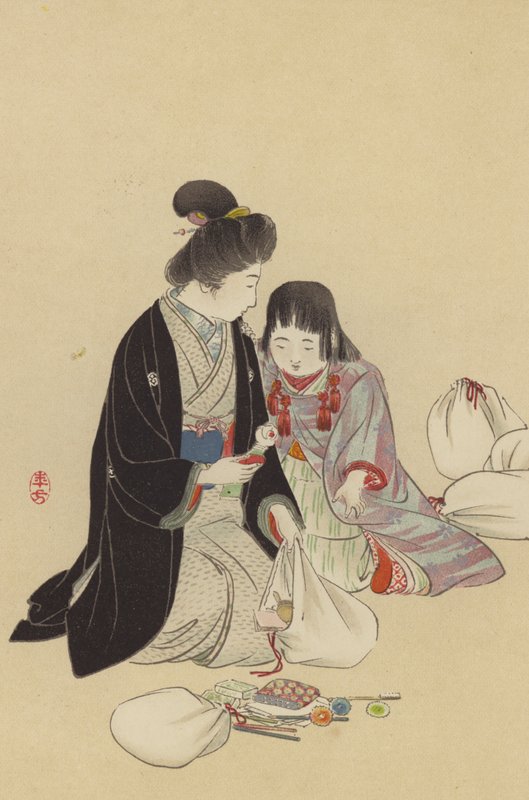 En mor og hendes pige arrangerer gaver, der skal sendes til fronten (chromolitho) af Japanese School