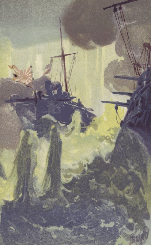 Et natangreb af japanske torpedobådsdestroyere på den russiske eskadron ud for Port Arthur (chromolitho) af Japanese School
