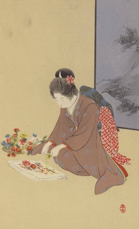 En ung pige leger med krysantemum (chromolitho) af Japanese School