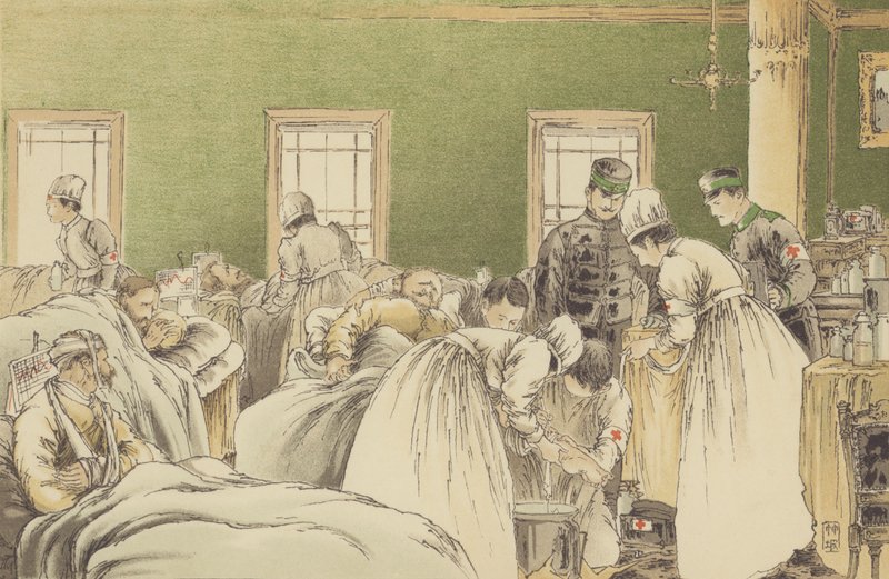 Tilsyn til de russiske sårede på det midlertidige hospital i det japanske Røde Kors Selskab i Chemulpo (chromolitho) af Japanese School