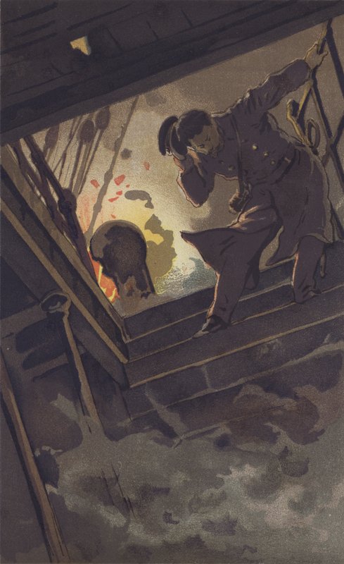 Kommandør Hirose eftersøger politibetjent Sugino (chromolitho) af Japanese School