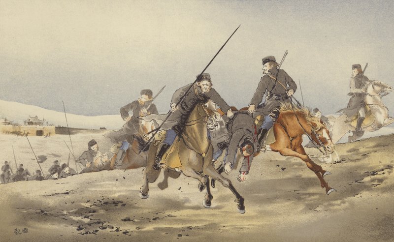 Kosakker løber væk med en såret (chromolitho) af Japanese School
